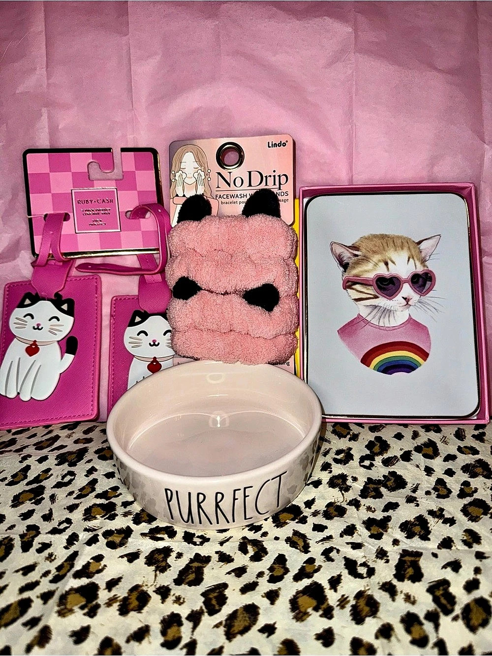 Rae Dunn PURRFECT Ceramic Pet Bowl, luggage tags, porcelain tray, no drip spa se